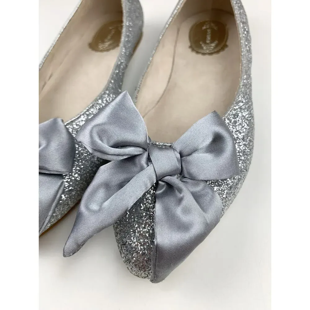 Joyfolie Silver Glitter Penny Flats Slip On Dress Shoes Satin Bow Youth Girls 3